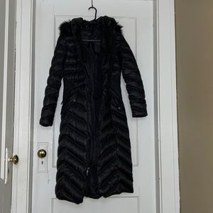 Bebe Black Long Puffer Coat w/ Faux Fur Hood, XS